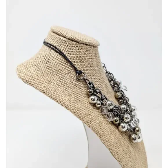 Silver Tone Necklace Beaded Statement Layered Multi-Strand Chunky Cluster - Picture 3 of 5